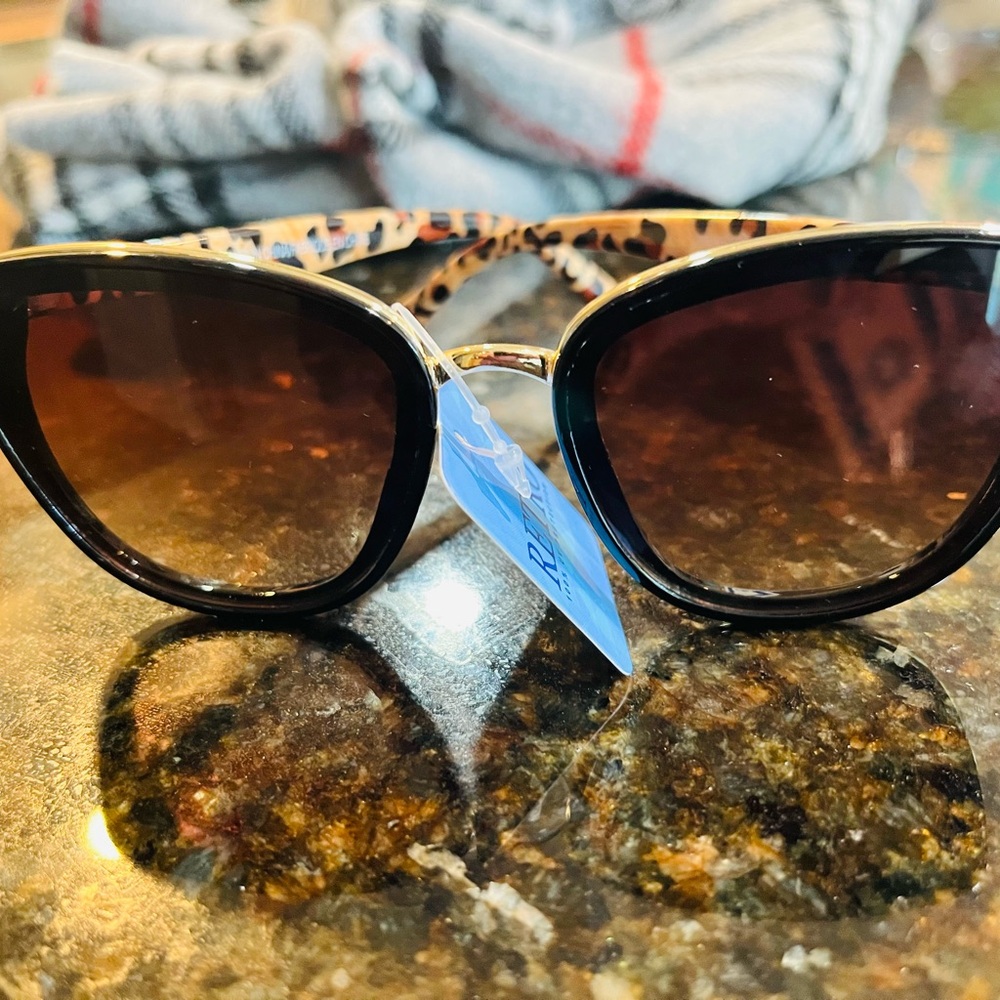 NWT Leopard Print gold sunglasses retro cat eye plastic wire w/ UV brown lenses